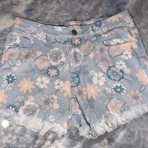 Altar'd State Pastel Blue & Peach Floral Denim Shorts